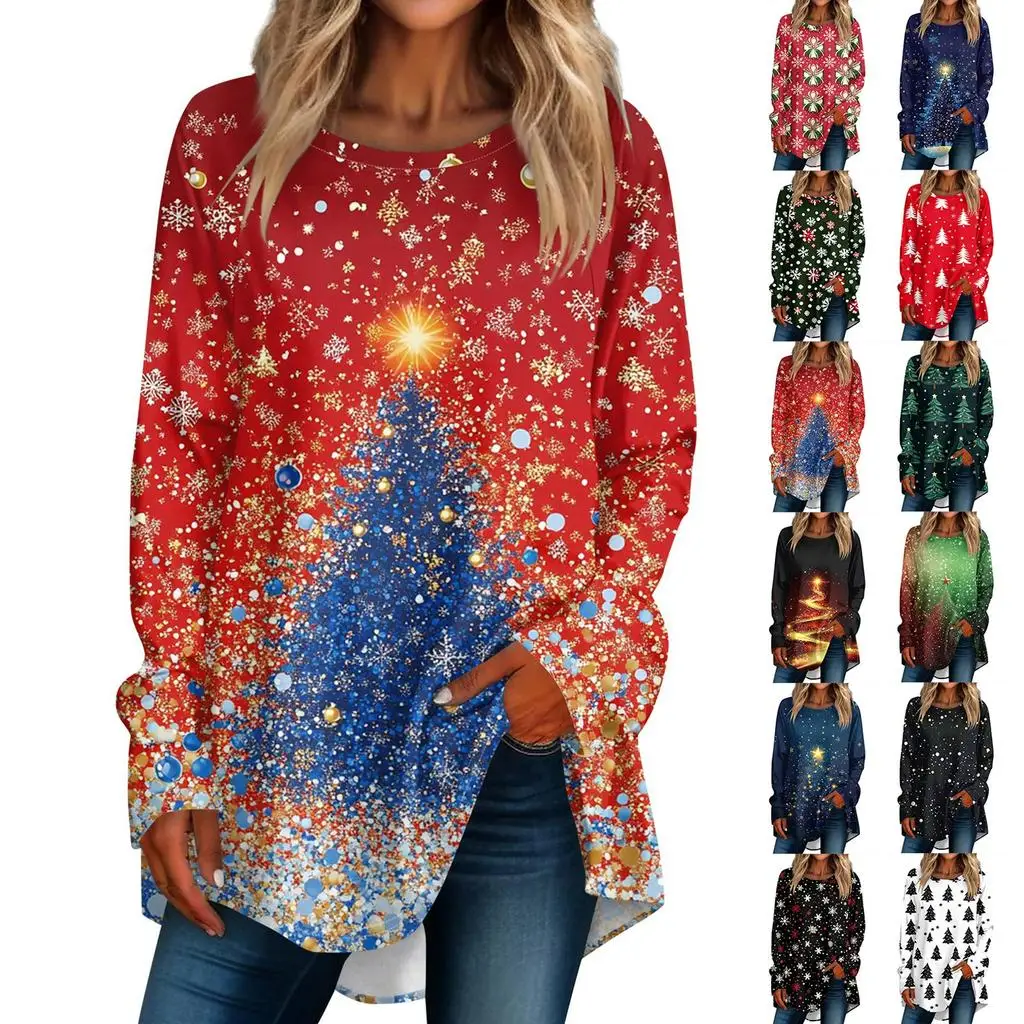 Women's Sweatshirt Designer Round Neck Long Sleeve Fashion Casual 3D Simple Christmas Tree Pattern Printed Party Tops