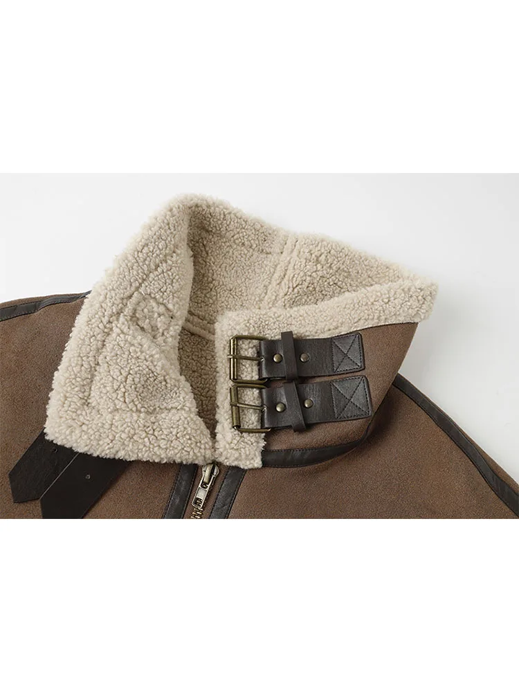 MOLAN Winter Woman  Leather Coat Warm Fashion Lambs Wool Patchwork Loose Long Sleeve Locomotive Coat Zipper Female Chic Outwear