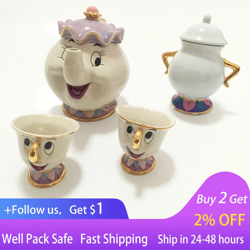 

Cartoon Beauty And The Beast Teapot Mug Mrs Potts Chip Tea Pot Cup Set Cogsworth Porcelain Gift 18K Gold-plated Painted Enamel