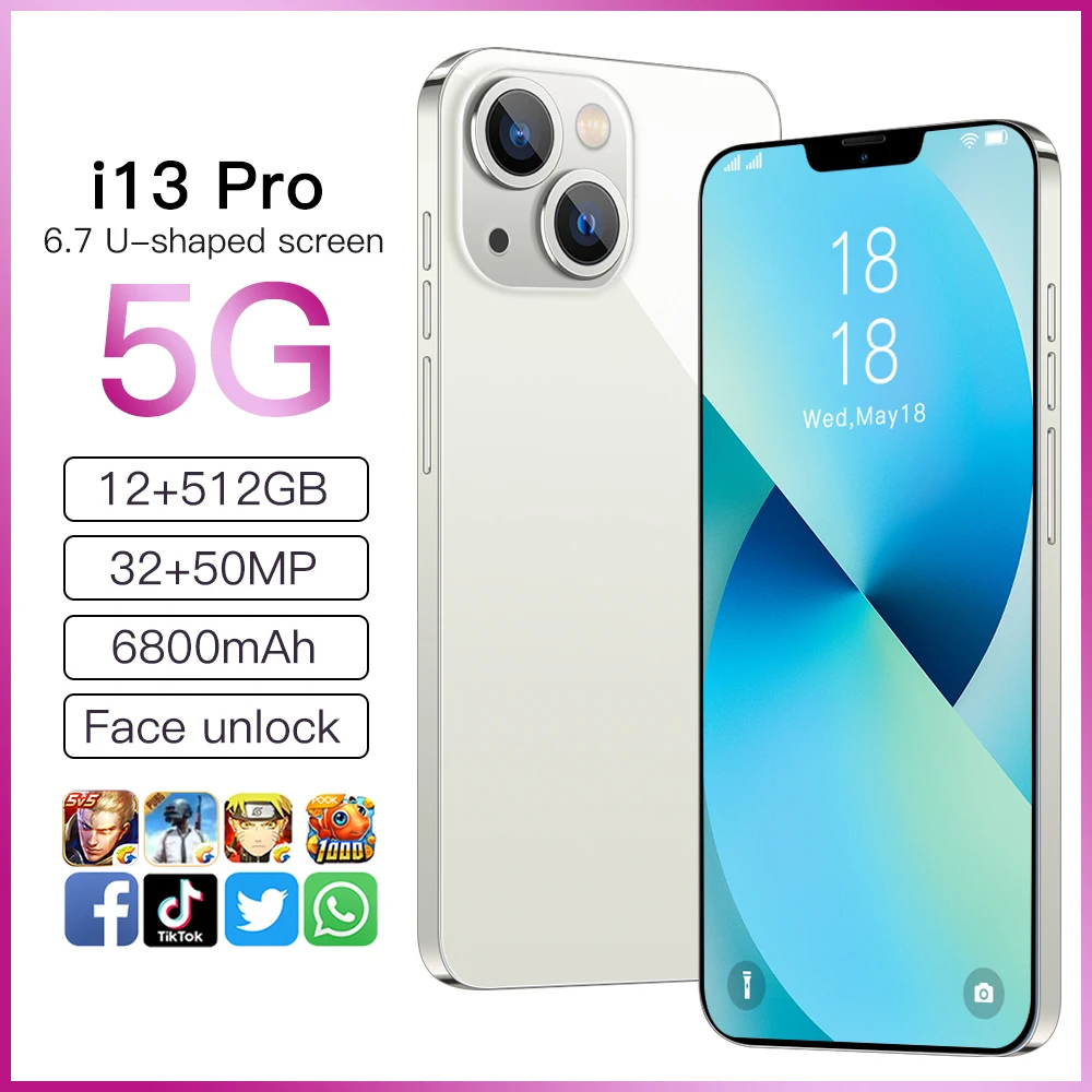 smar phone i13 pro max 6000mah 5g android 11 16gb 512gb 6 7inch unlock celular dace core finger phone 4g cellphones free global shipping