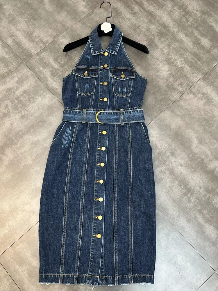

HIGH QUALITY Newest 2022 Summer Designer Fashion Women's Lapel Single Breasted Belted Denim Dress