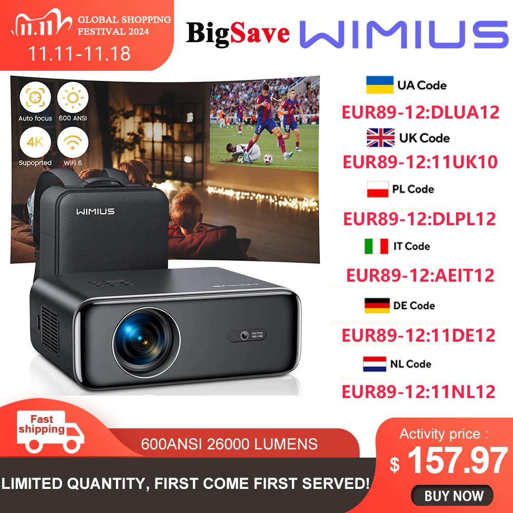 Проектор WiMiUS с автофокусом/4K поддержка родного проектора 1080P Wi-Fi 6 и Bluetooth 5 2 26000L