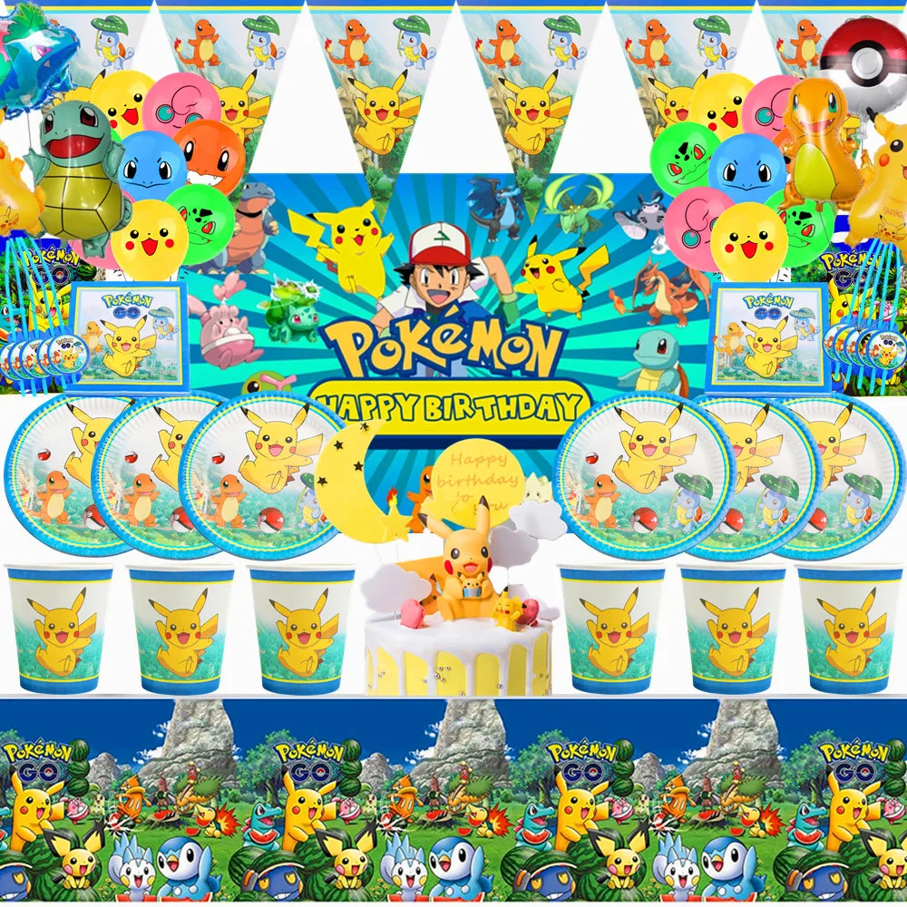 Cartoon Pokemon Theme Birthday Party Disposable Tableware Set Balloons Decorations Photo Props Background Pikachu Party Supplies