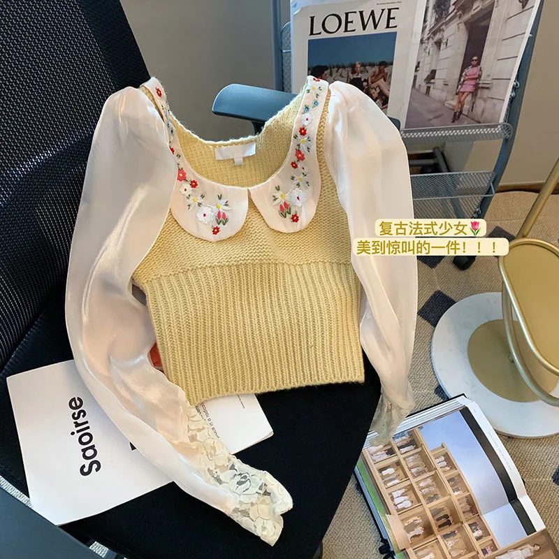 

OMCHION Embroidery Floral Knitted Top Women's Elegant Peter Pan Collar Sweater 2022 Korean Fashion Retro Pull Sleeve Short Tops
