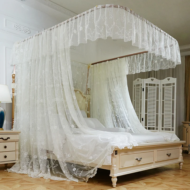 

White Luxury U type Palace Style Guide Rail Three Open Door Mosquito Net Stainless Steel Mosquito Frame Bed Valance Bedding Set
