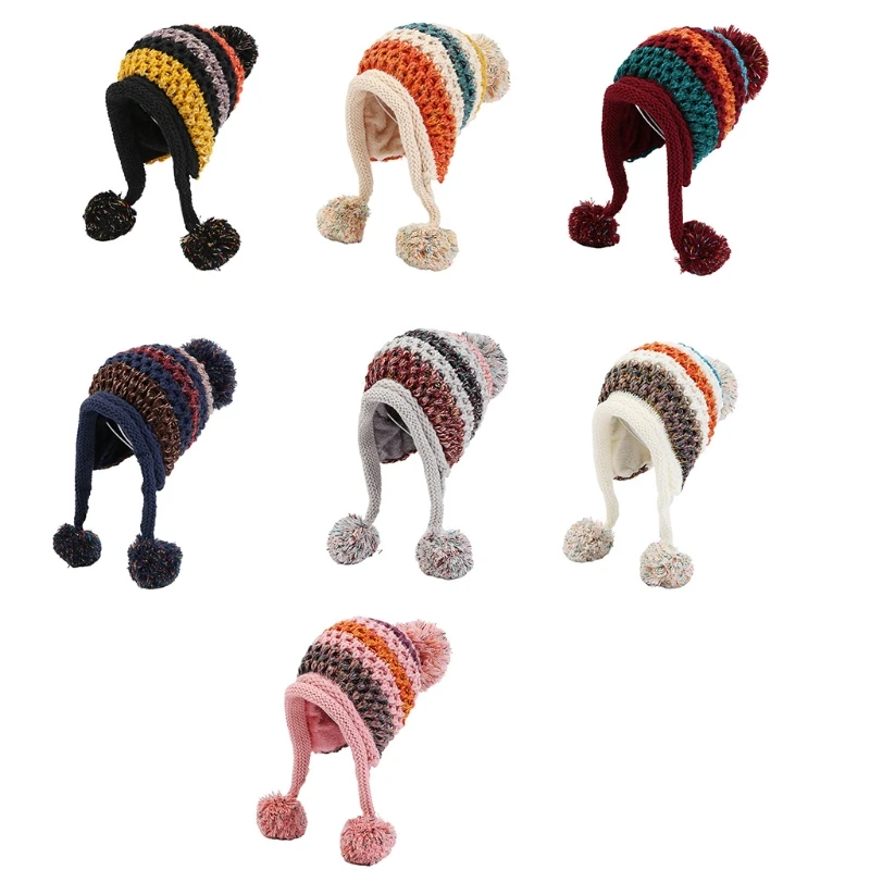 

Color Matching Knit Hat with Ear Flaps Beanies Hat Wool Hat All-match Windproof for Halloween Xmas New Year Thanksgiving