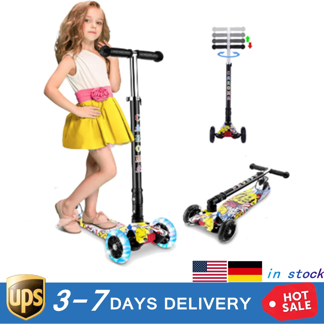 

Gifts for Kids Kick Scooter Foldable PU Flashing 4 Wheels Wide Deck Rear Brake Children's Cycle Car Kick Scooter Toys