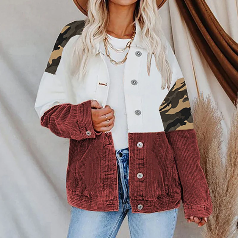 

Patchwork Jackets Women Loose Camouflage Colorblock Print Cardigan Casual Splice Coat Autumn Button Up Top Lapel Jacket Outwear