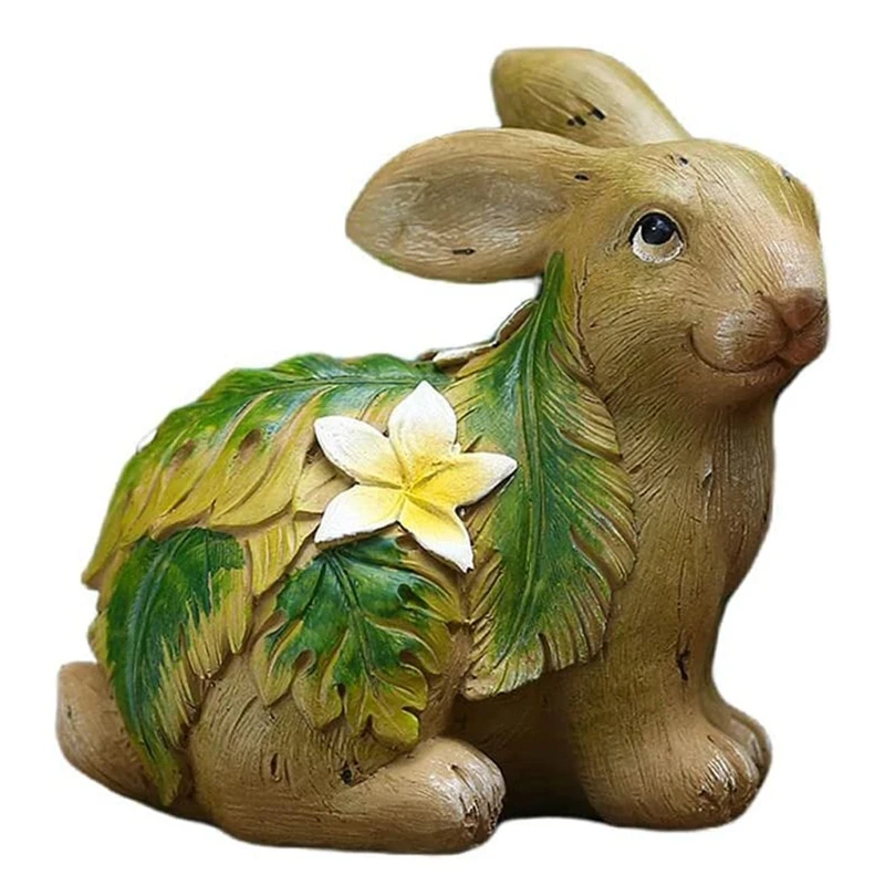 

Garden Animal Figurine Rabbit With Leaves And Flowers, Outdoor Art Deco Rabbit Figurine Ornament For Patio Porch