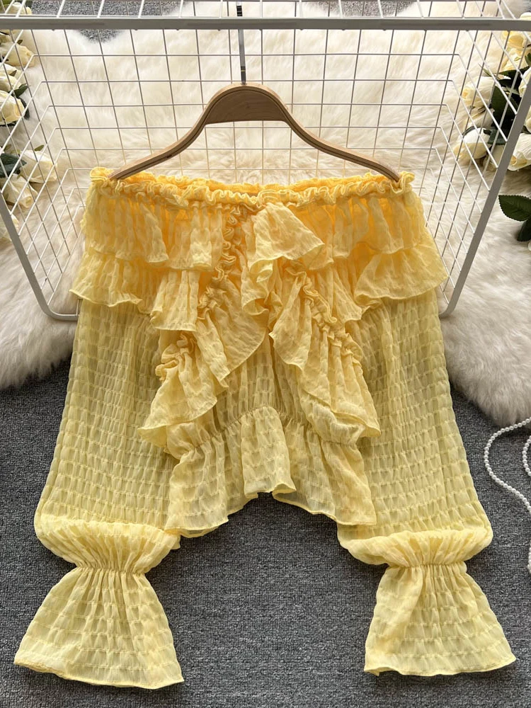

Women 2022 Spring Korean Chic Sweet Temperament One-shoulder Ruffled Trumpet Sleeves Irregular Jacquard Blouse Tops Female D0922