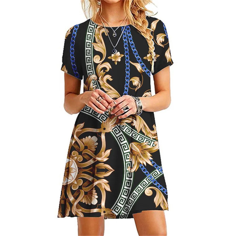 

Casual Wild Element Printed Short Sleeve Princess Sexy Mini Dress High Waist Irregular Lady Dress Abstract European Style 4XL