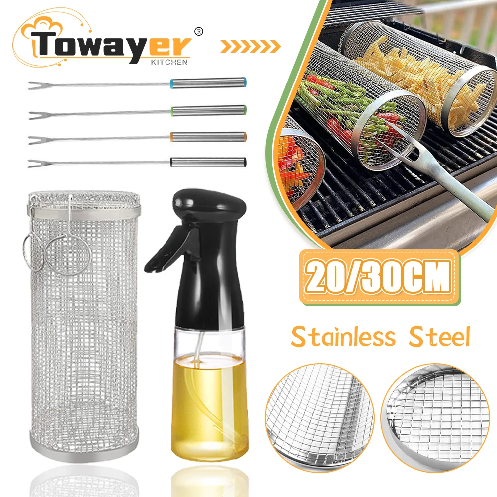 

Grilling Basket Stainless Steel Rolling BBQ Cylinder Grill Basket Mesh Portable Outdoor Camping Rolling Grilling Barbecue Rack