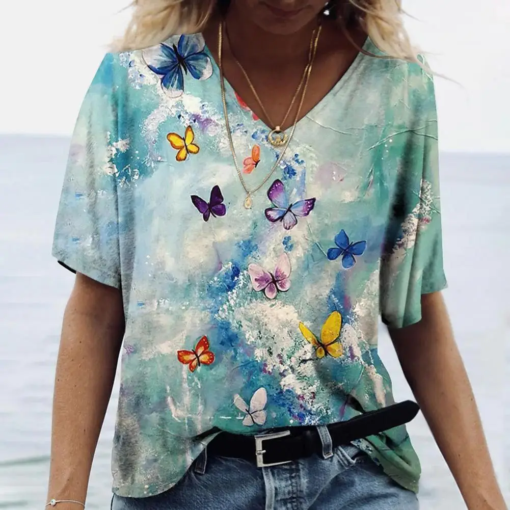 

Women T-shirt Stretchy Casual Top Colorful Butterflies Print Loose Tee Top