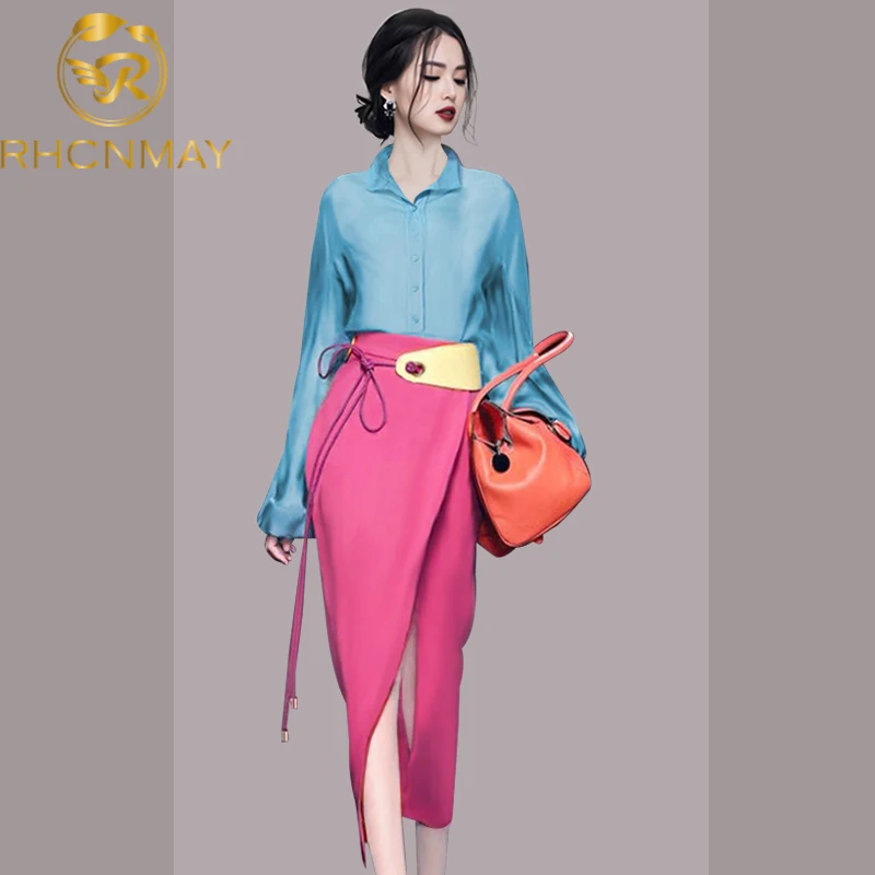 

2022 New Summer Womens 2 Pieces Suits Blue Skirt Top + Casual Fashion Split Sheath Pencil Skirt Korean Simple Skirt Work Set