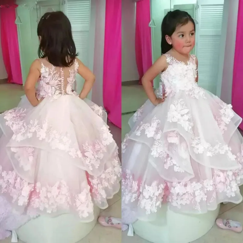 

Pink Flower Girl Dresses for Wedding Lace 3D Floral Appliqued Little Girls Pageant Gowns Tiered Skirts vestidos de desfile