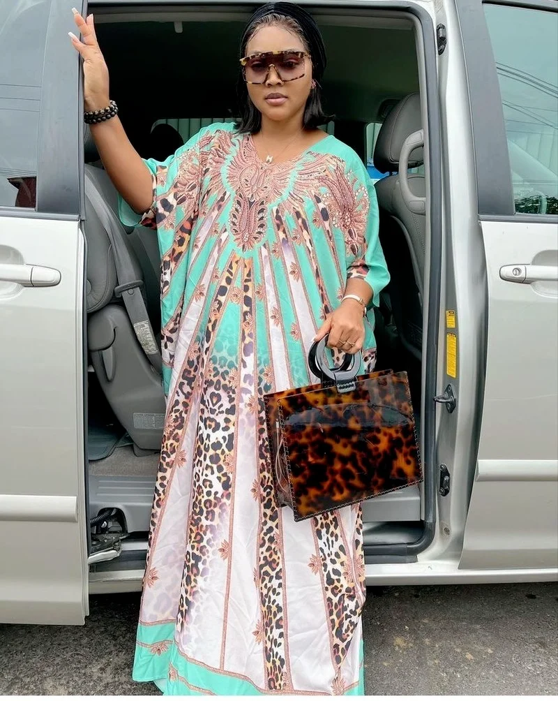 

New African Oversize 100% Silk Short Sleeve Dashiki Loose Dress For Lady