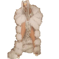 white tassel sequins feathers bikini set long coat party solid color performance clothing uniform costumes nightclub outfit
