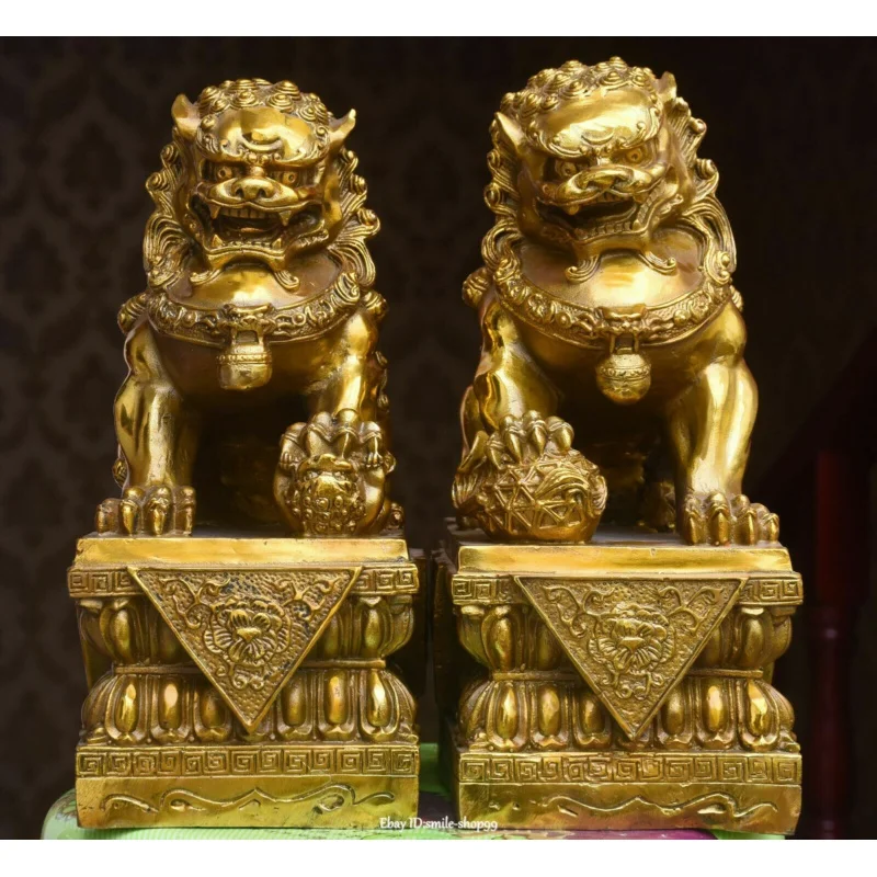 12 &quotChina бронзовая позолота Fengshui собака Фу Собака Guradion Львы Животные Статуя Пара