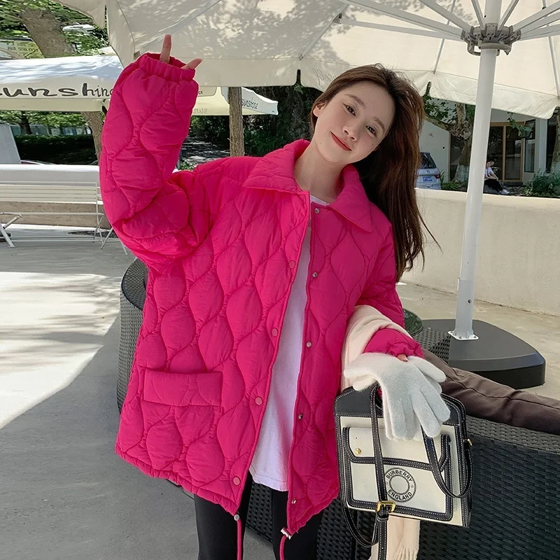 Solid Rhombus Pattern Winter Women Parkas Jacket Retro Turn Down Collar Loose Cotton Padded Coat Clothes Winter Fashion