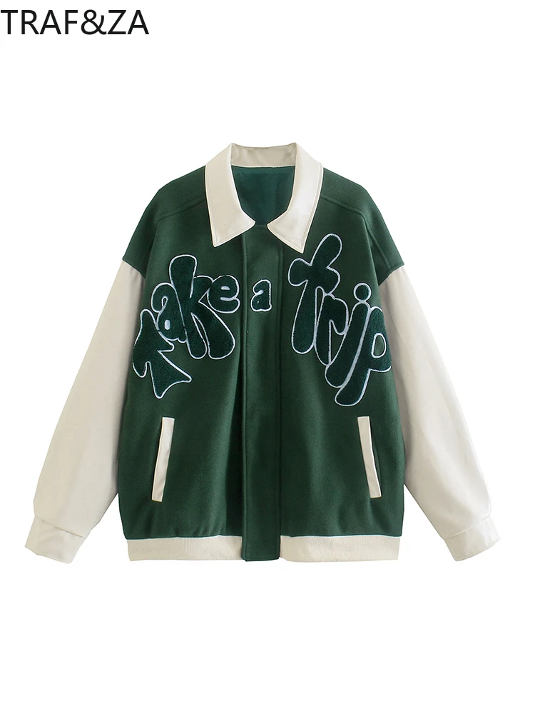 Куртка Женская бейсбольная в стиле пэчворк с воротником лацканами |