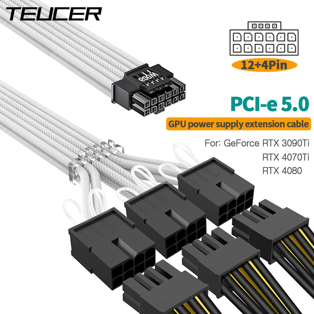 

TEUCER 340 мм 16(12 + 4) штырьковый разъем на 3x8(6 + 2) штырьковый Женский Удлинительный кабель PCI-e 5,0 для GPU RTX 3090Ti 4070Ti 4080 4090