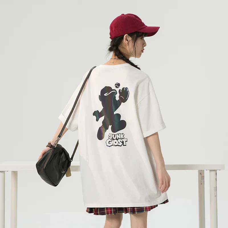 Женская летняя новая футболка с коротким рукавом, цветные креативные Светоотражающие дизайнерские свободные топы из чистого хлопка с принтом Женская летняя новая футболка с коротким рукавом, цветные креативные Светоотражающие дизайнерские свободные топы из чистого хлопка с принтом