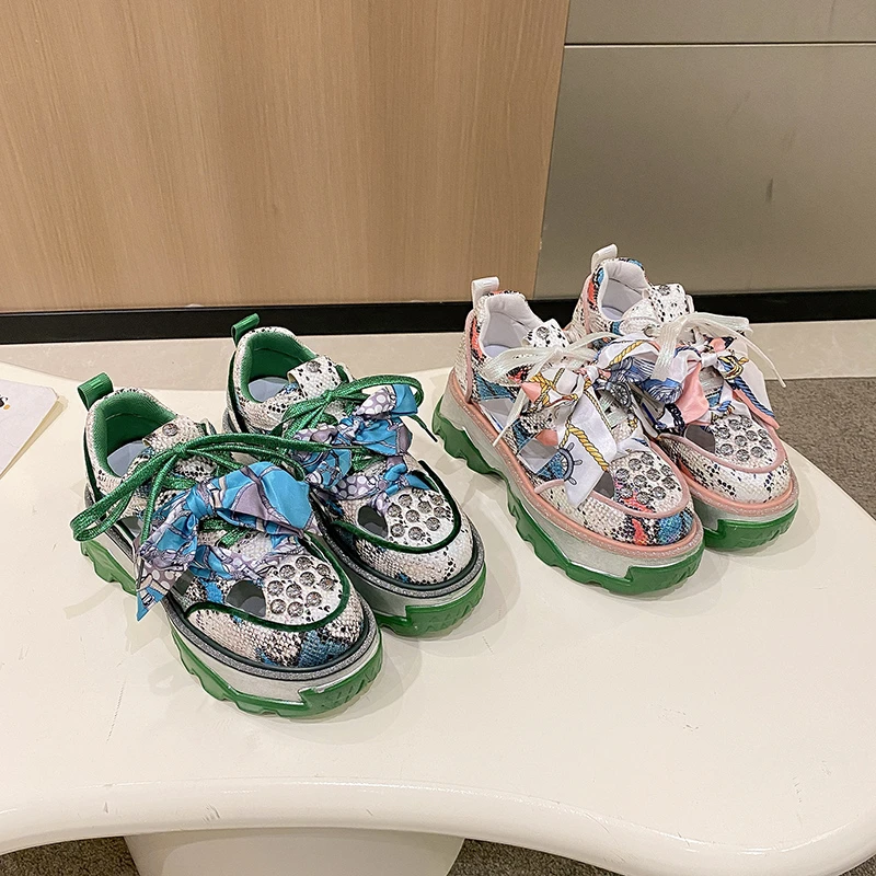 

Women's Shoes Summer 2022 New Retro Hollowed-out Breathable Bow Rhinestone Thick-soled Daddy Platform Women's Shoes Sneakers