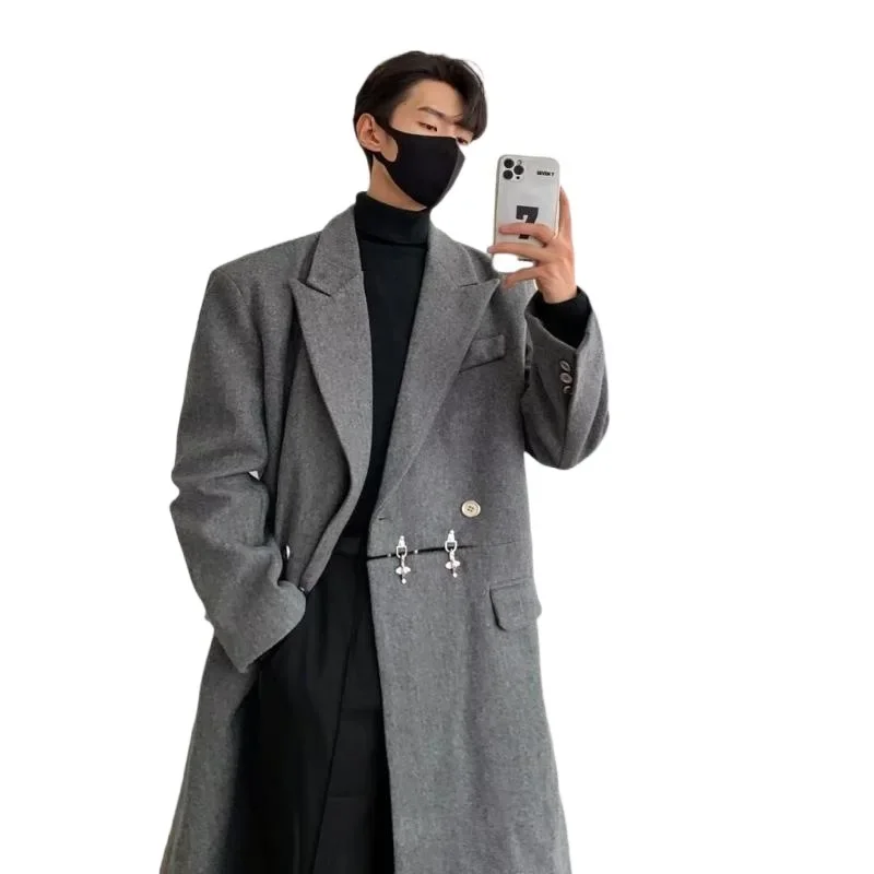 Модное шерстяное пальто с металлической пряжкой в Корейском стиле