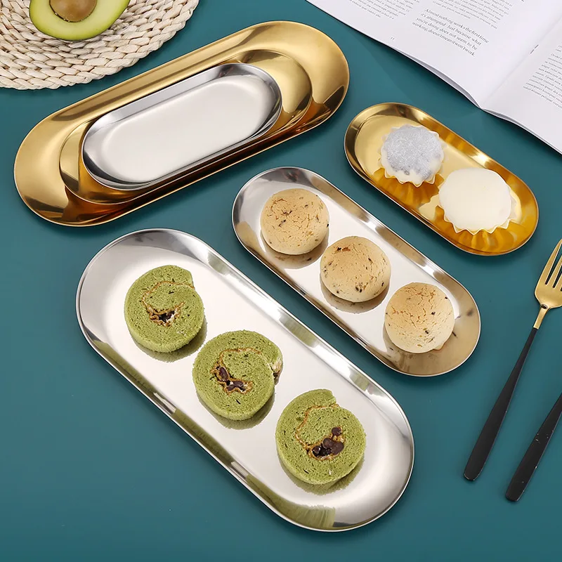 Nordic Style Oval Plate Stainless Steel Western Food Snack Tray Dessert Plate Metal Towel Plate Hotel Restaurant Home Supplies