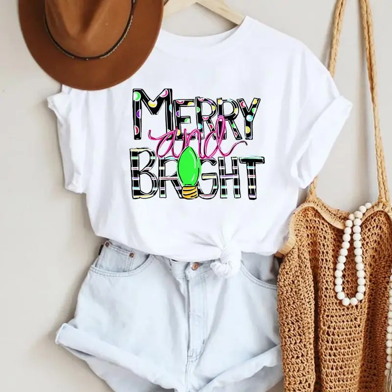 

Women Merry Christmas Letter Light Cute New Year Holiday Print Tshirts Trend Graphic Travel Top T Shirt Tee T-Shirt