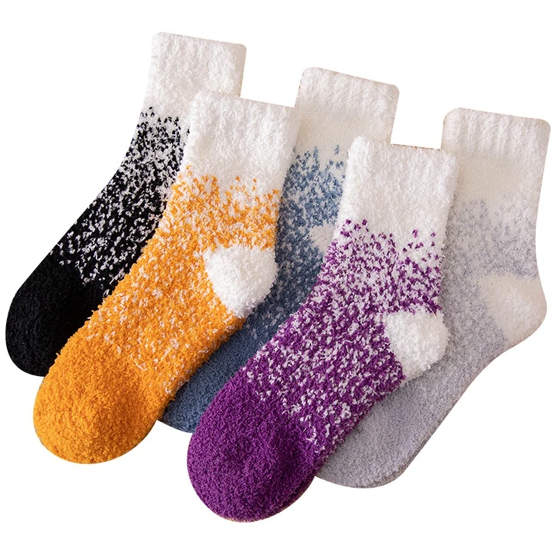 

Hot Kf-5 Pairs Of Coral Fleece Socks Women's Winter Mid-Tube Stockings To Keep Warm And Thicken Plus Fleece Home Floor Socks