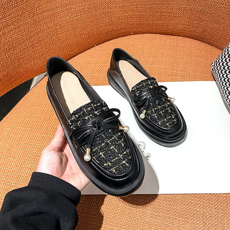 

British Style Shoes Woman 2023 Oxfords Soft Female Footwear Bow-Knot Preppy New Leather Dress Butterfly Big Size Med Basic Butte