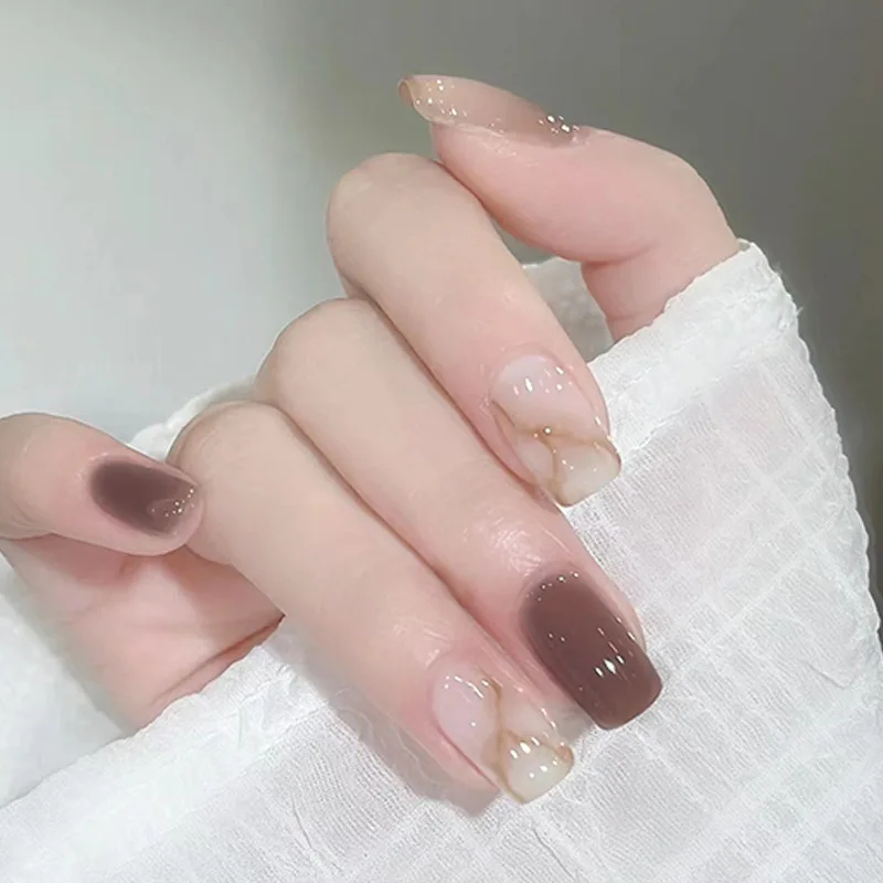 

24pcs/Set Autumn Short Press On Nails Simple White Marble Pattern False Artificial Nails Manicure Set Fake Nail Art Natural Look