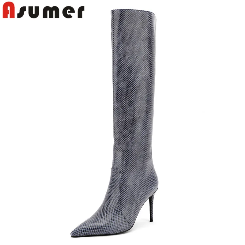 

ASUMER 2023 Size 34-47 New Microfiber Knee High Boots Slip On Ladies Winter Boots Woman Fashion Thin High Heels Shoes