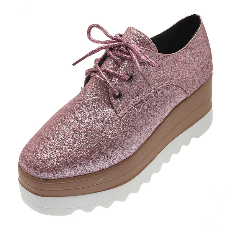

Туфли женские на платформе, дизайнерская легкая дышащая повседневная обувь с блестками, на танкетке, квадратный носок, на шнуровке