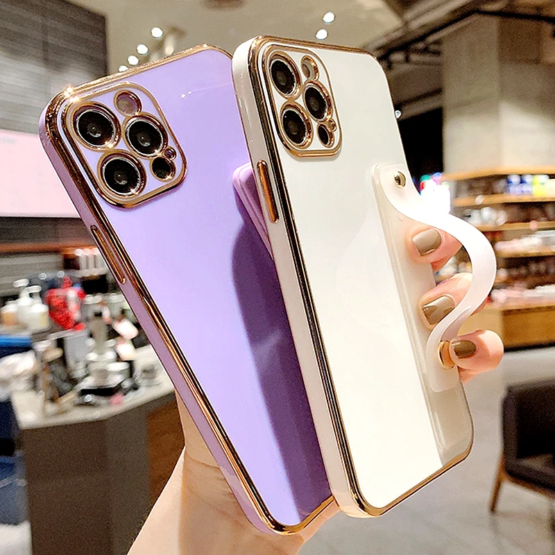

Luxury Electroplated Wrist Strap Phone Case For iPhone 11 12 13 Pro Max X XR Xs Max 7 8 Plus mini SE 2020 Kickstand Cases Cover
