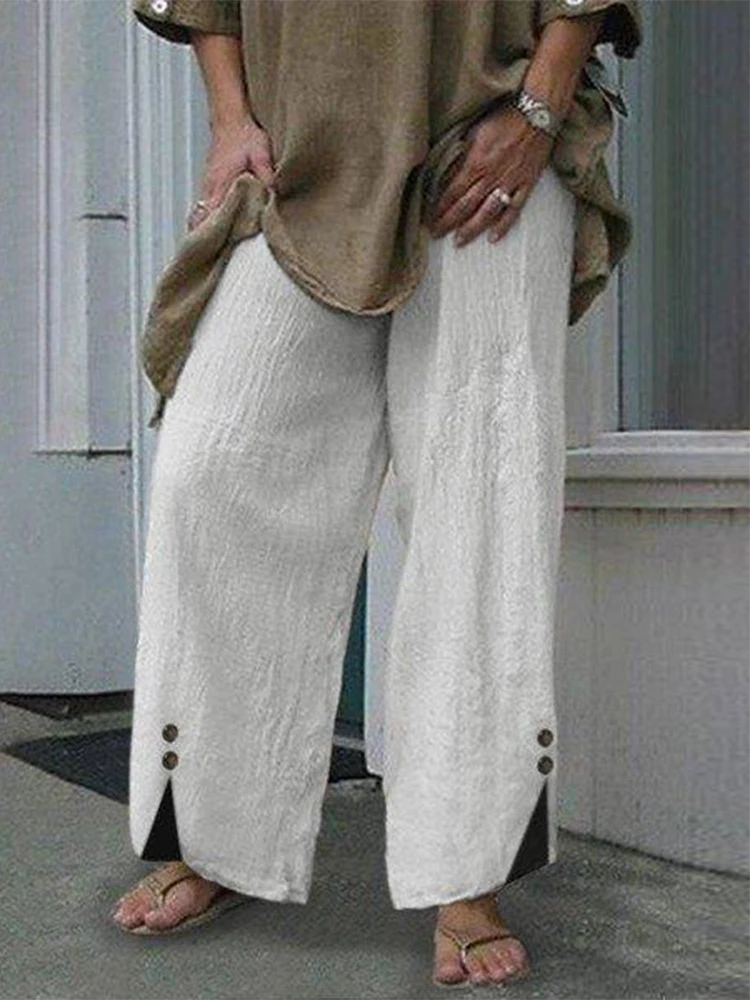

Elegant Elastic Waist Button Solid Trousers 2022 Women Casual Cotton Linen Long Pants Spring Summer Fashion Loose Wide Leg Pant