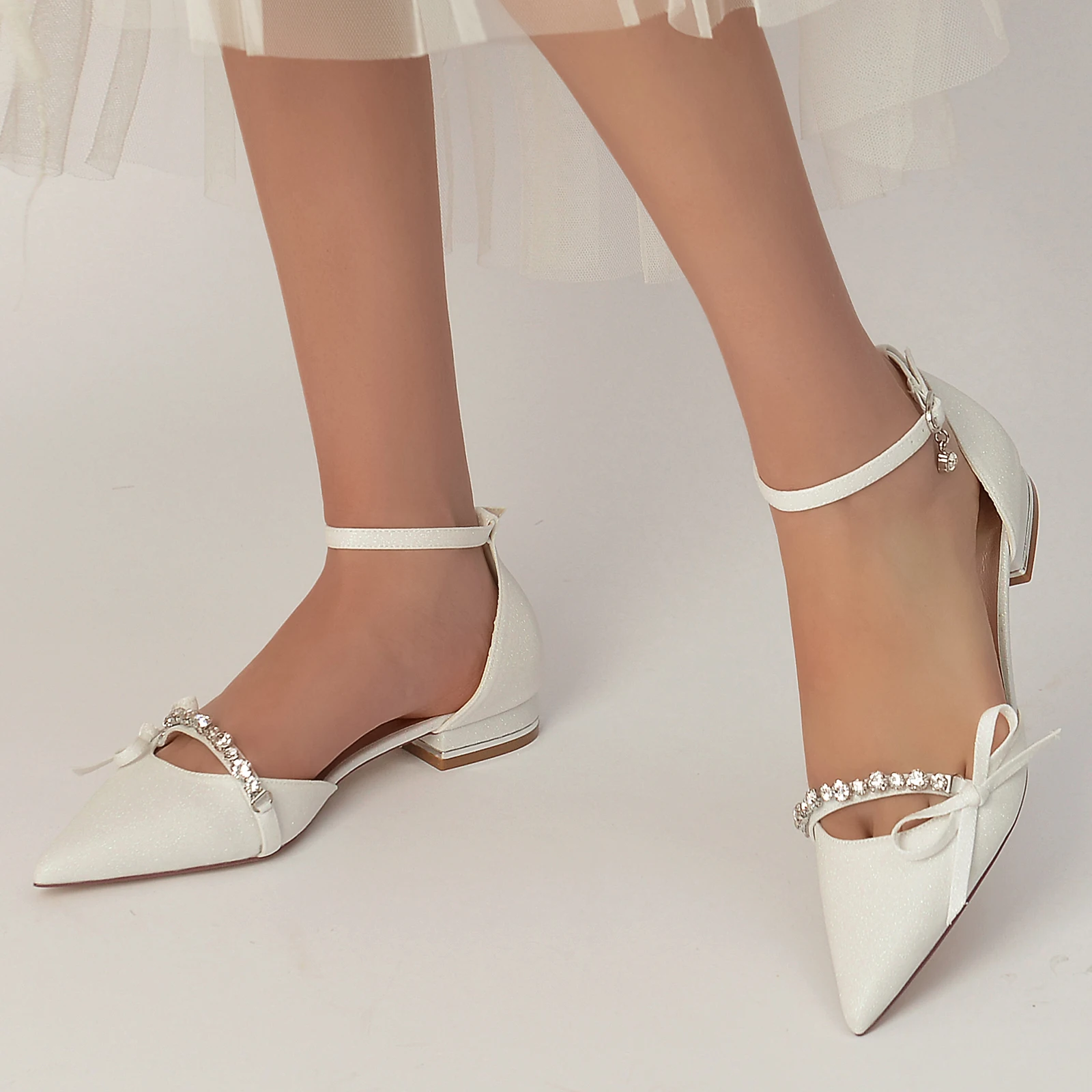 Low Heel Wedding Women Dress Shoes Classic Pointed Toe Wedding Flat Sandals Sparkly Rhinestones Ankle Strap