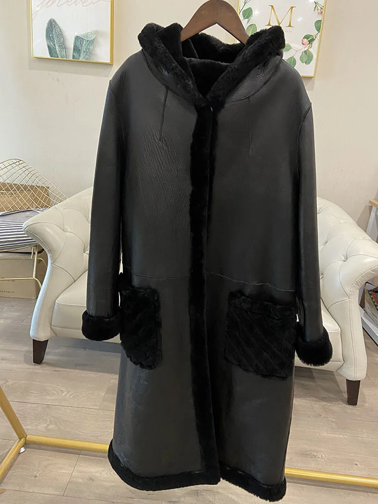 

Merino Sheep Coat Women With Hood Long Style 2023 Winter Luxury Thick Warm Double Faced Black Real Fur Clothes