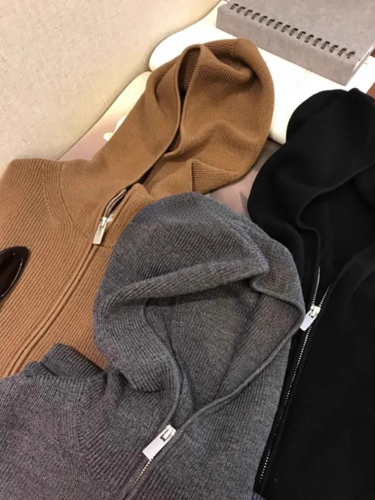 Осенне-зимний серый высококачественный флисовый вязаный кардиган с капюшоном