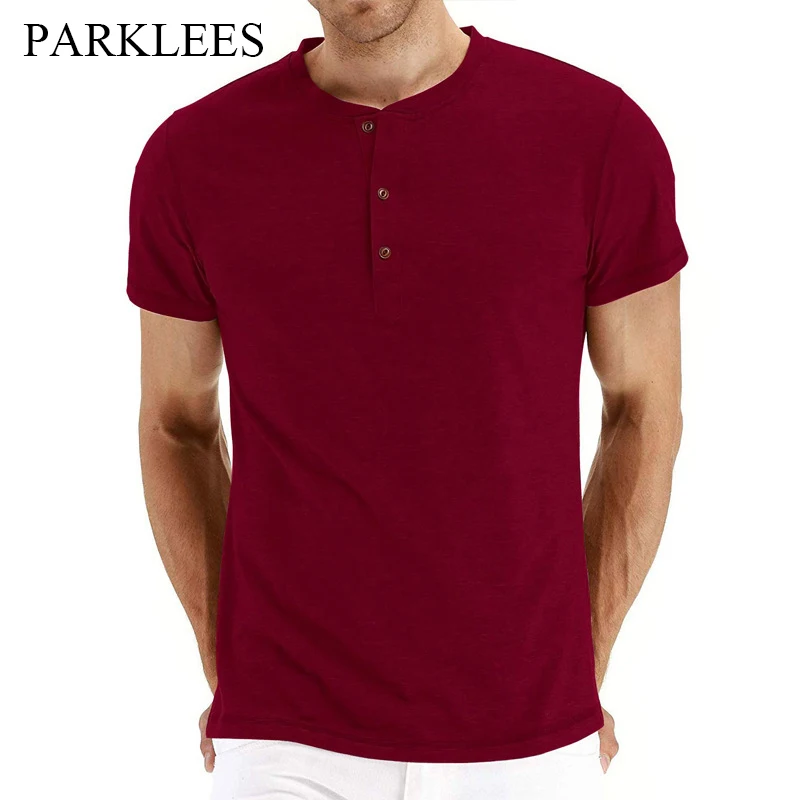 

Parklees Wine Red Solid Henley T Shirts for Men 2022 Summer New Short Sleeve Slim Fit Tee Shirts High Quality Casual Cotton Tops