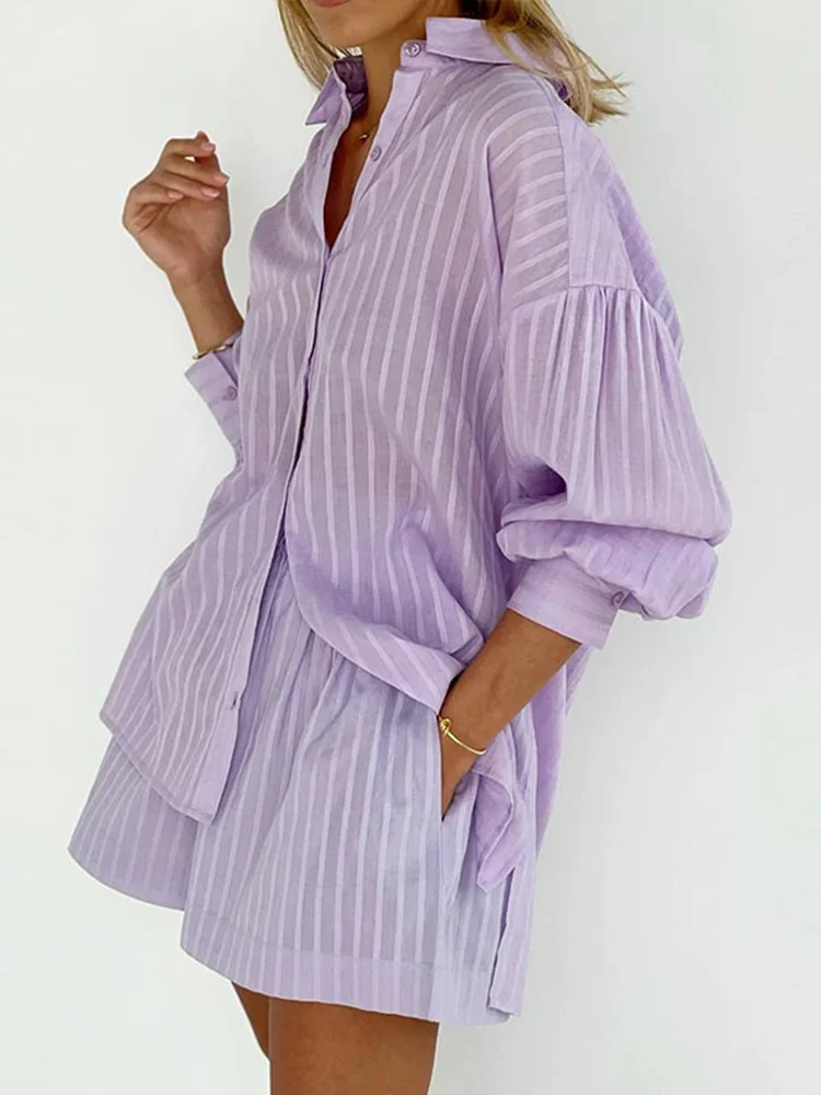 

2022 Purple Single-breasted Lapels Striped Shirt Shorts Set Female Summer Casual Outfit Fashion Office Lady Shorts Two Piece Set