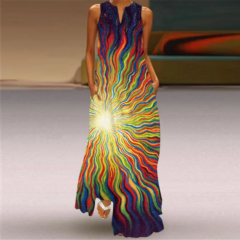 

Women's Printed Vestido Summer New Casual Loose V-Neck Sleeveless Beach Maxi Dress Elegant Comfortable Flower Vintage Long Robe