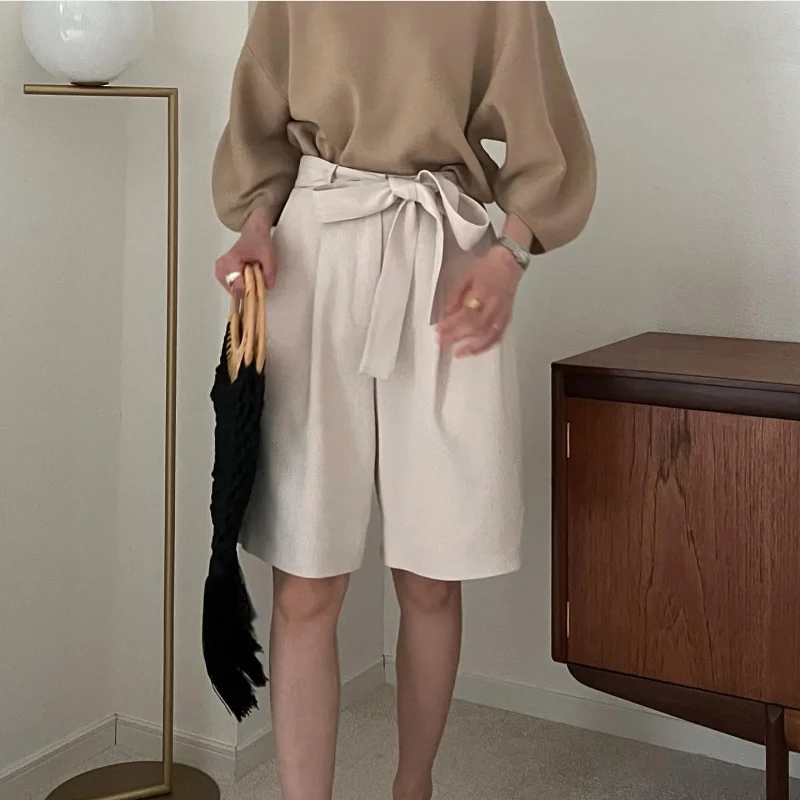 

High Waist Belt Loose Wide Leg Shorts for Women Summer Casual Pantalones Mujer Japanese Office Lady Simple Elegant Half Pants