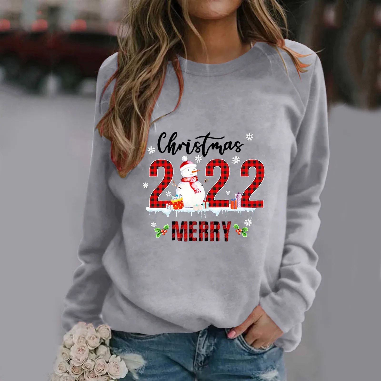 

Beach Hoodies Women Womens Christmas Print Sweatshirt Round Neck Fit Pullover Tops Casual Long Womens Plain Pullover Hoodies