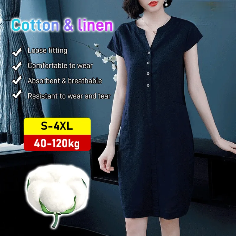 

Women's Summer Vneck Dress Large Size Slimming and Agereducing Linen Skirt