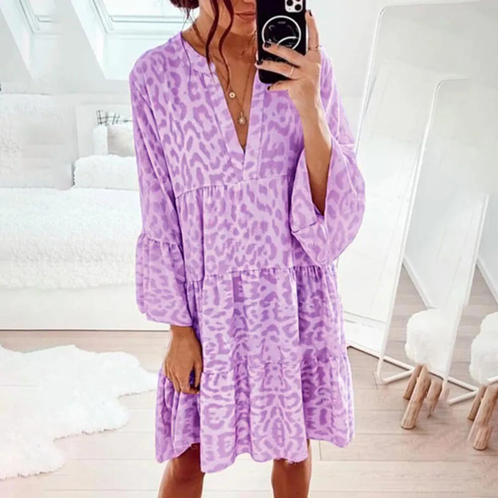 Осень свободные леопардовая расцветка с принтом мини-платье 2021 для женщин на