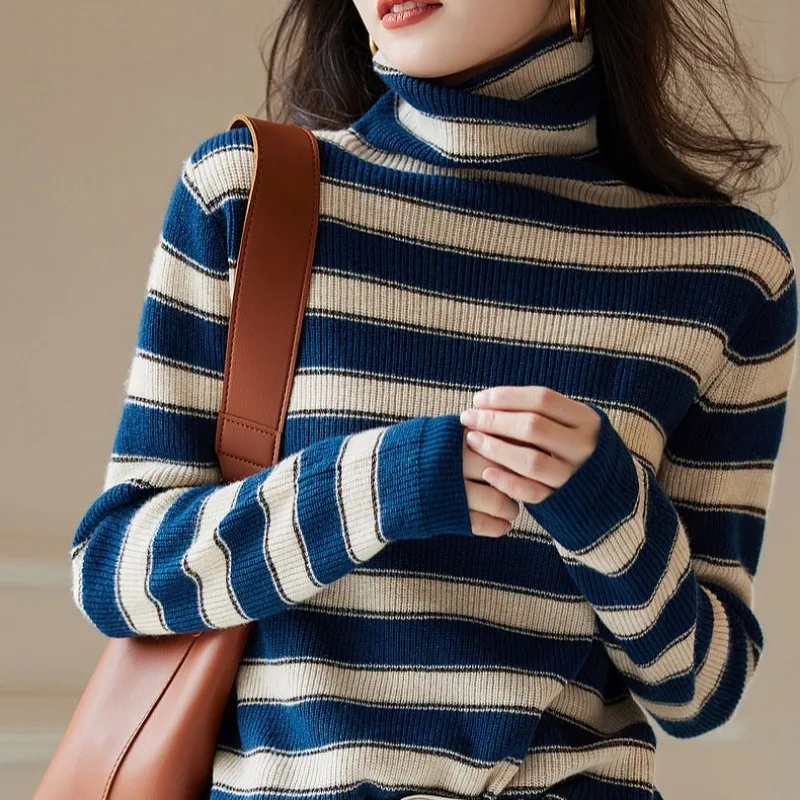 Водолазки пуловеры женский трикотаж свитер осень-зима вязаные пальто в полоску