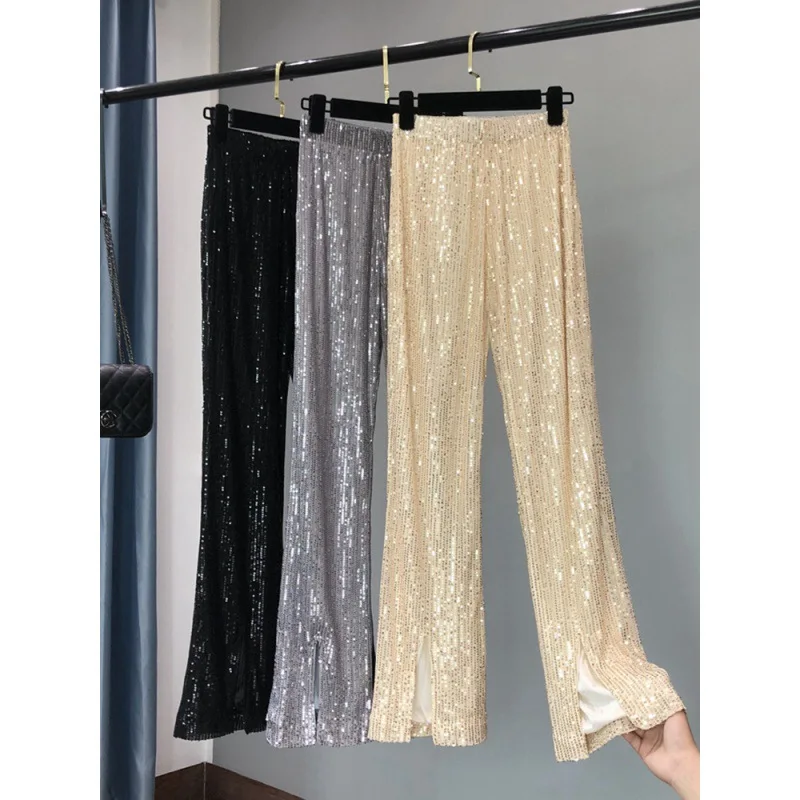 

2022 Summer New Thin Sequins Slim Slim Micro Bell Bottomed Pants Long Legs Hanging Feeling High Waist Floor Dragging Pants Women