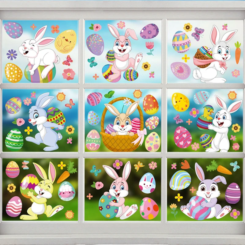 

Cartoon Easter Rabbit Wall Sticker Happy Easter Decorations Window Glass Static Stickers DIY Craft Kids Gift Favors